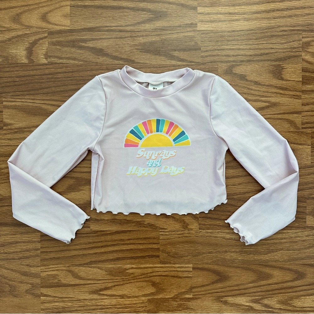 Art Class girls small 6 6X rash guard cropped swim top pale pink rainbow sun